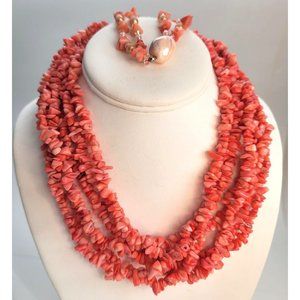 Coral Colored Dyed Stone Necklace and Bracelet Set 6-Strand DH800